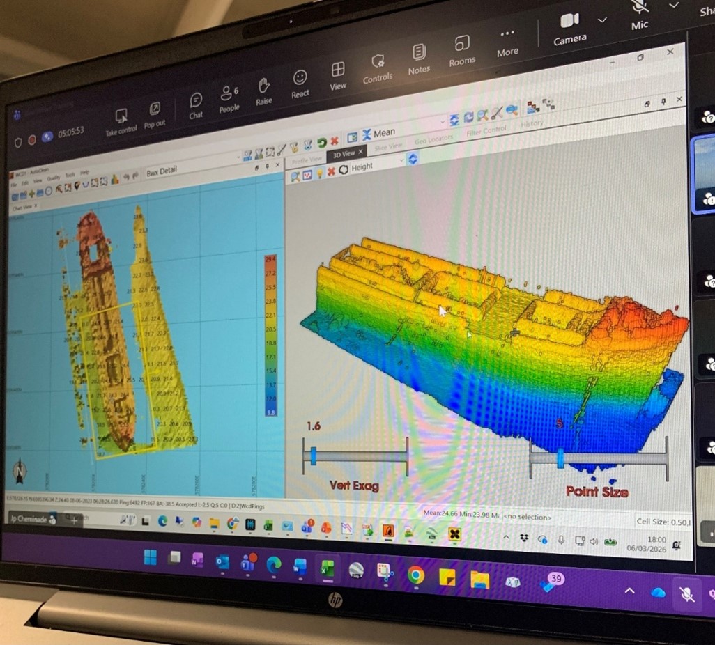 Reviewing water column data over a wreck, during BeamWorX training. MARAD surveyors processing full-density Multibeam bathymetry data