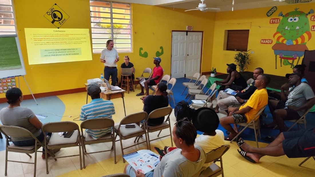 Dr. Georg Engelhard presenting at climate vulnerability workshop in San Sauveur